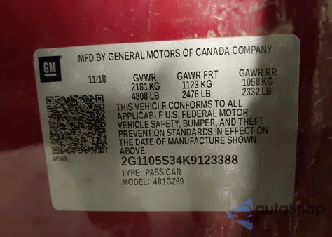 2019 Chevrolet Impala Premier from USA, damaged, VIN 2G1105S34K9123388